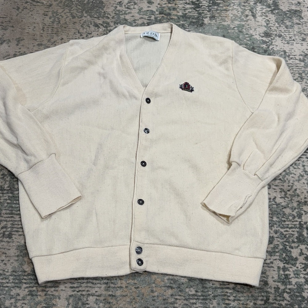 Vintage 80s IZOD Cardigan Sweater XL Cream White Crest Logo Made in USA Grandpa